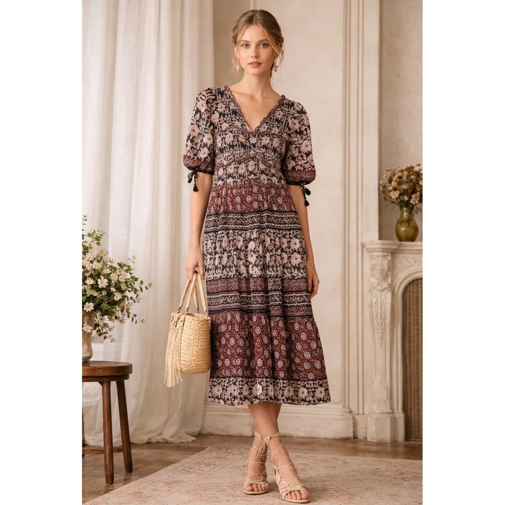 Sea New York Danea Smocked Midi Dress Burgundy Puff Sleeve Tassel Boho Medium
